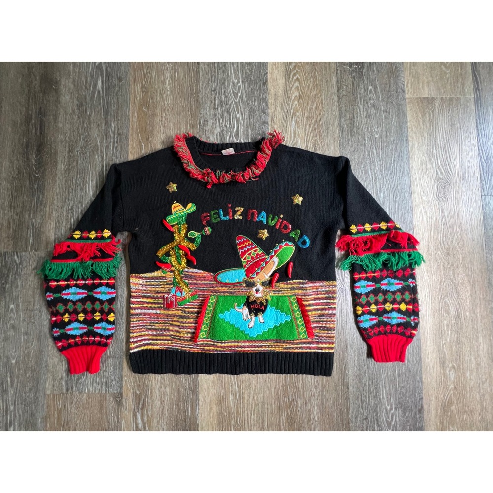 Holiday Time Ugly Christmas Sweater Womens Small Black Feliz Navidad Chihuahua